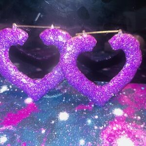 Large Glittery Purple Bamboo Heart Earrings